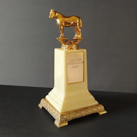 Vintage Trophy Horse on Gold & Ivory Base Sullivan Saddle Club 1960 Dodge Trophy
